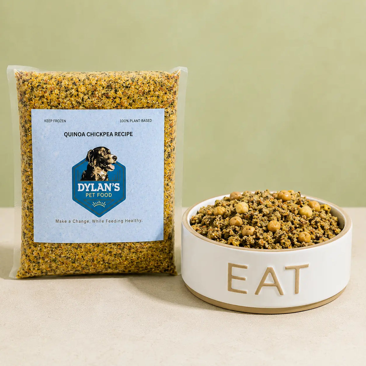 Quinoa Chickpea allergy-friendly dog food pouch and bowl for sensitive dogs