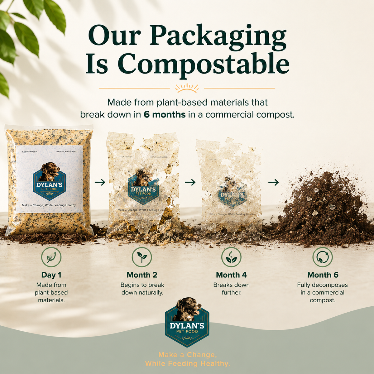 Compostable packaging for Dylan's allergy-friendly dog food — breaks down in 6 months