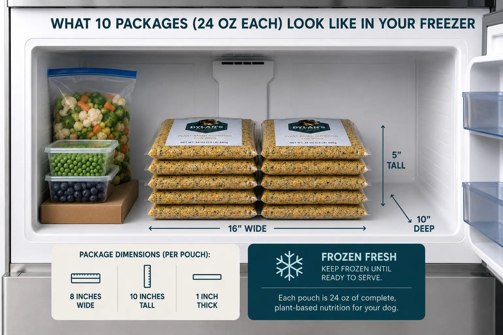 Allergy-friendly dog food freezer fit — 10 packs of 24oz frozen fresh dog food