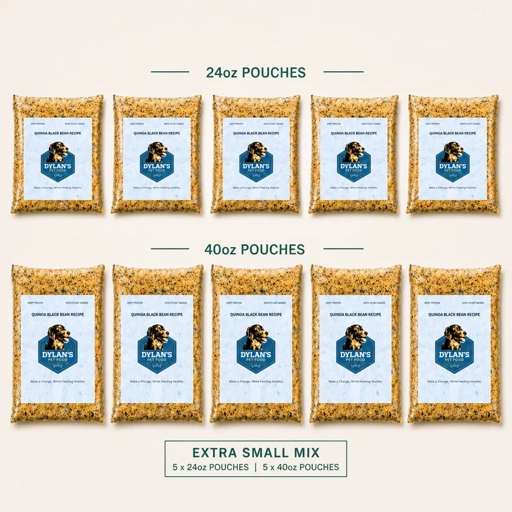 What's inside the Extra Small Mix Box — flat-lay of 5 24oz and 5 40oz allergy-friendly dog food packs
