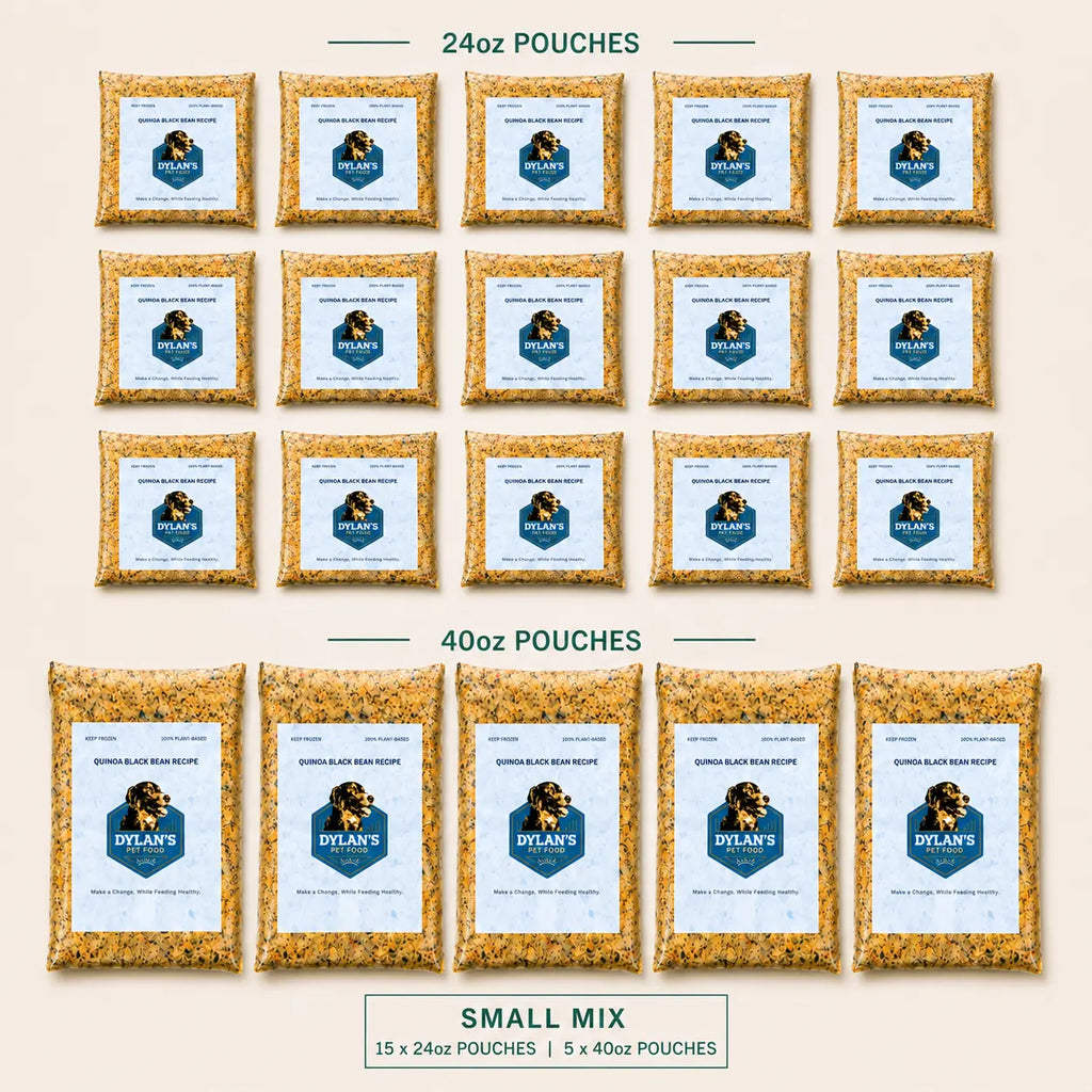 What's inside — flat-lay of 15× 24oz and 5× 40oz allergy-friendly dog food packs — Small Mix Box