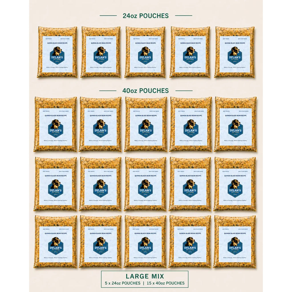What's inside the Large Mix Box — flat-lay of 5 x 24oz and 15 x 40oz allergy-friendly dog food packs