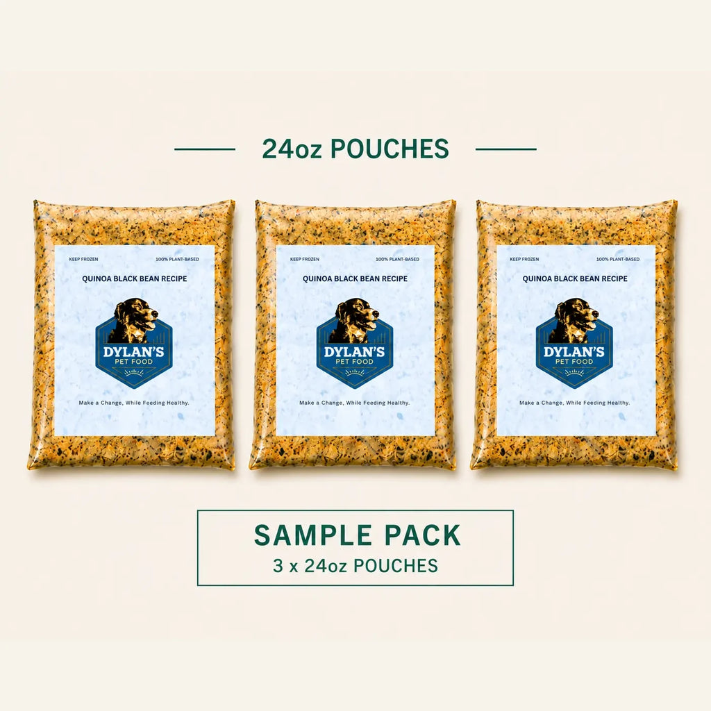 What's inside the Black Bean Sample Pack — flat-lay of 3 x 24oz allergy-friendly dog food pouches