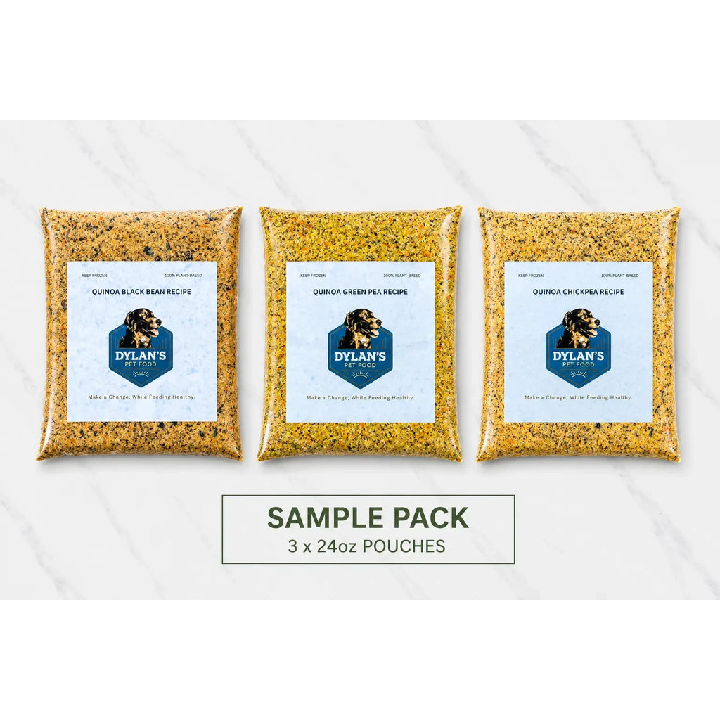 What's inside the Variety Sample Pack — flat-lay of 3 x 24oz allergy-friendly dog food pouches, one of each recipe