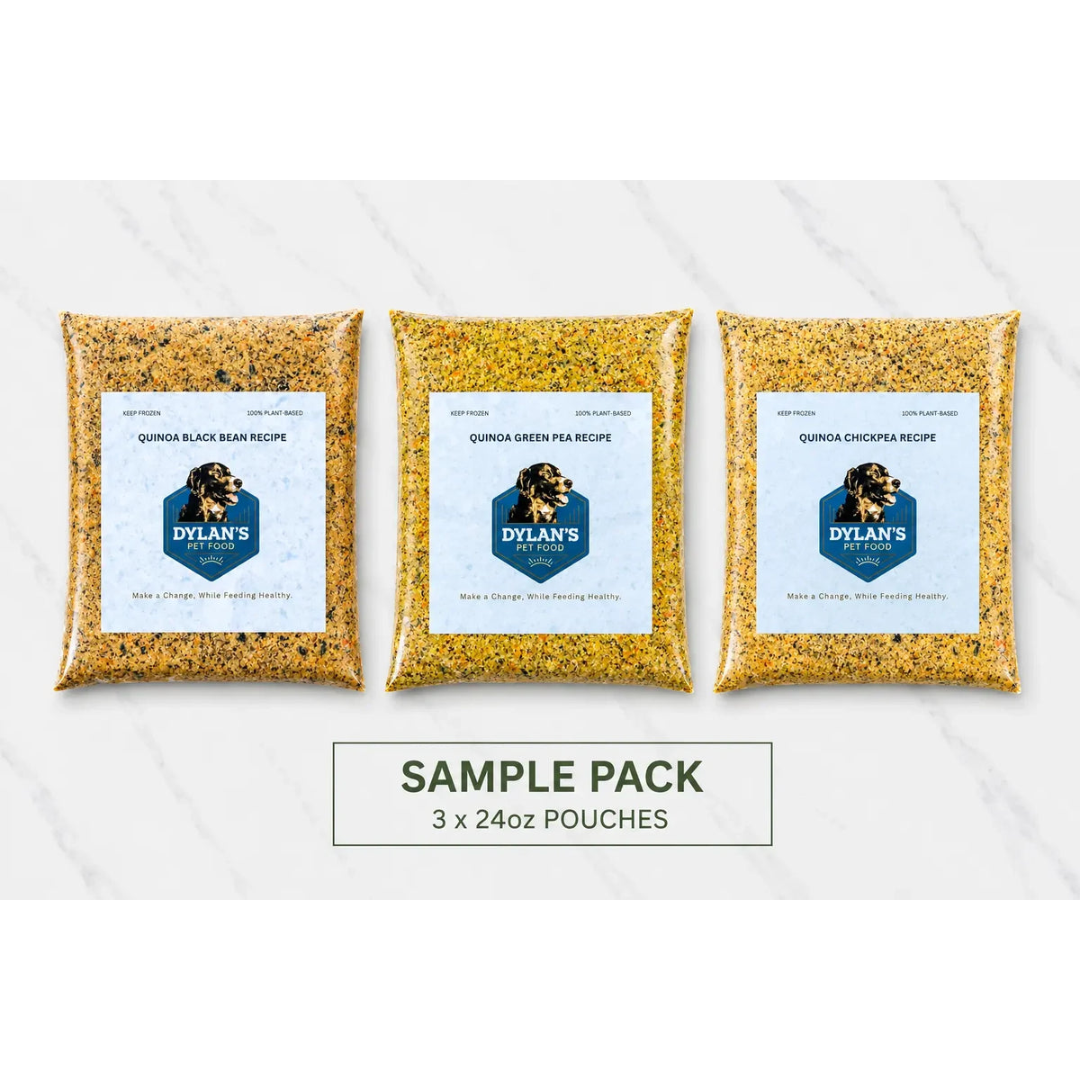 What's inside the Variety Sample Pack — flat-lay of 3 x 24oz allergy-friendly dog food pouches, one of each recipe