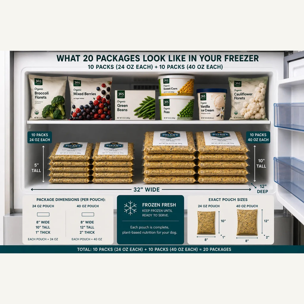 Freezer-fit — 10× 24oz and 10× 40oz packs of allergy-friendly dog food in a freezer — Medium Mix Box