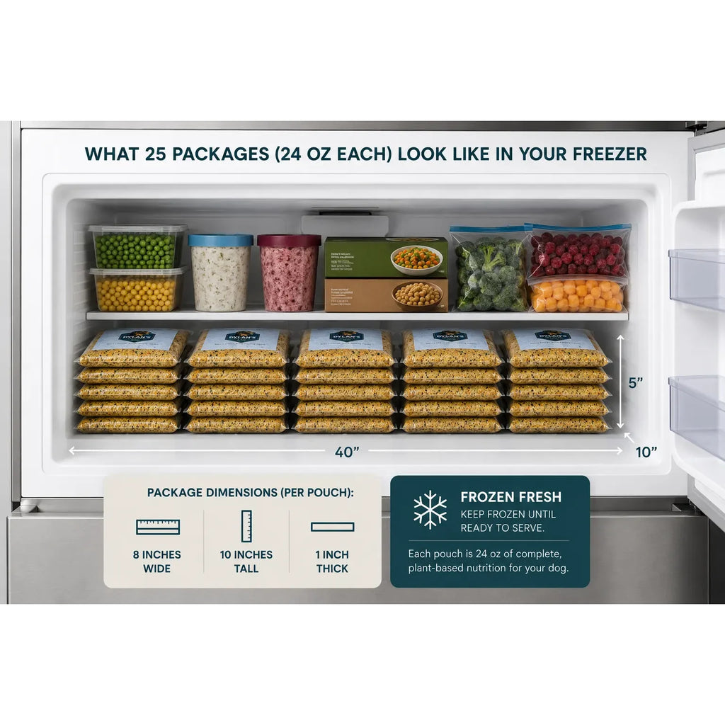 Freezer-fit storage — 25 packs of 24oz allergy-friendly dog food in a home freezer