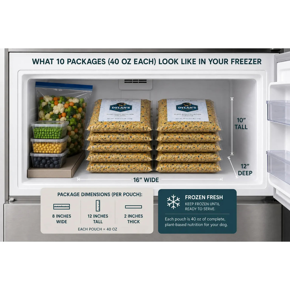 What 10 packs (40 oz each) of allergy-friendly dog food look like in your freezer — Small 40oz Box